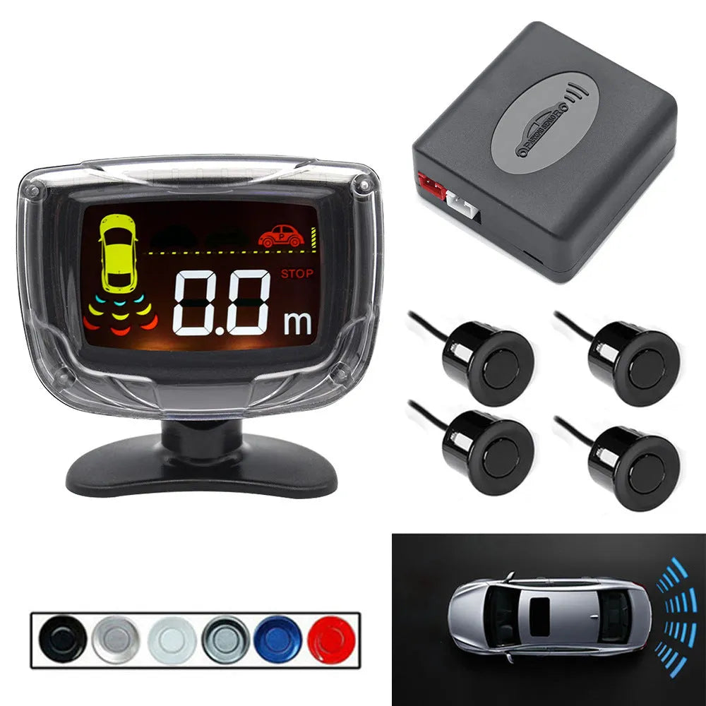 Wireless reversing sensor system with LED display unit, four probes, and installation accessories for vehicle obstacle detection