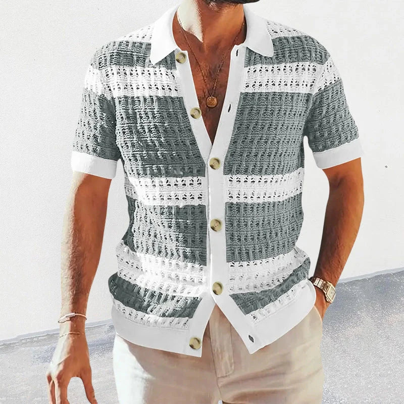 Men's summer knitted polo neck short sleeve cardigan in breathable polyester
