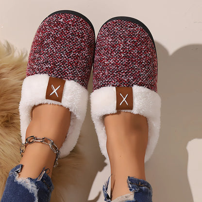 Winter plush slippers with thick sole and anti-slip pattern in burgundy colour