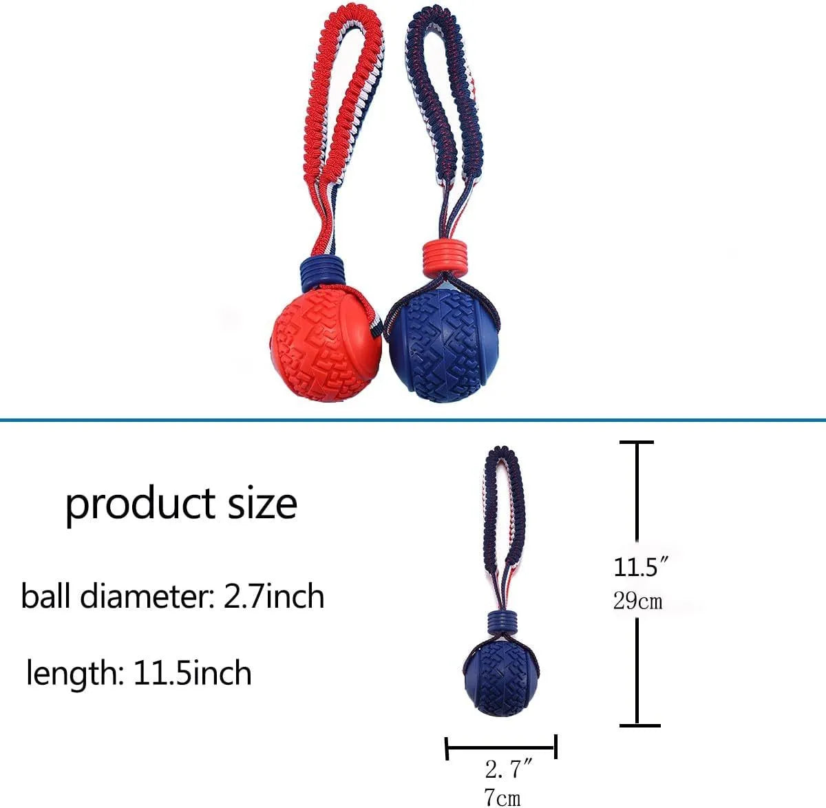Blue dog ball with rope toy showing textured rubber ball and rope handle