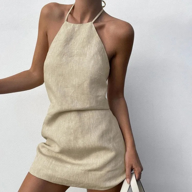 Women's solid colour linen A-line dress for summer in picture colour as shown