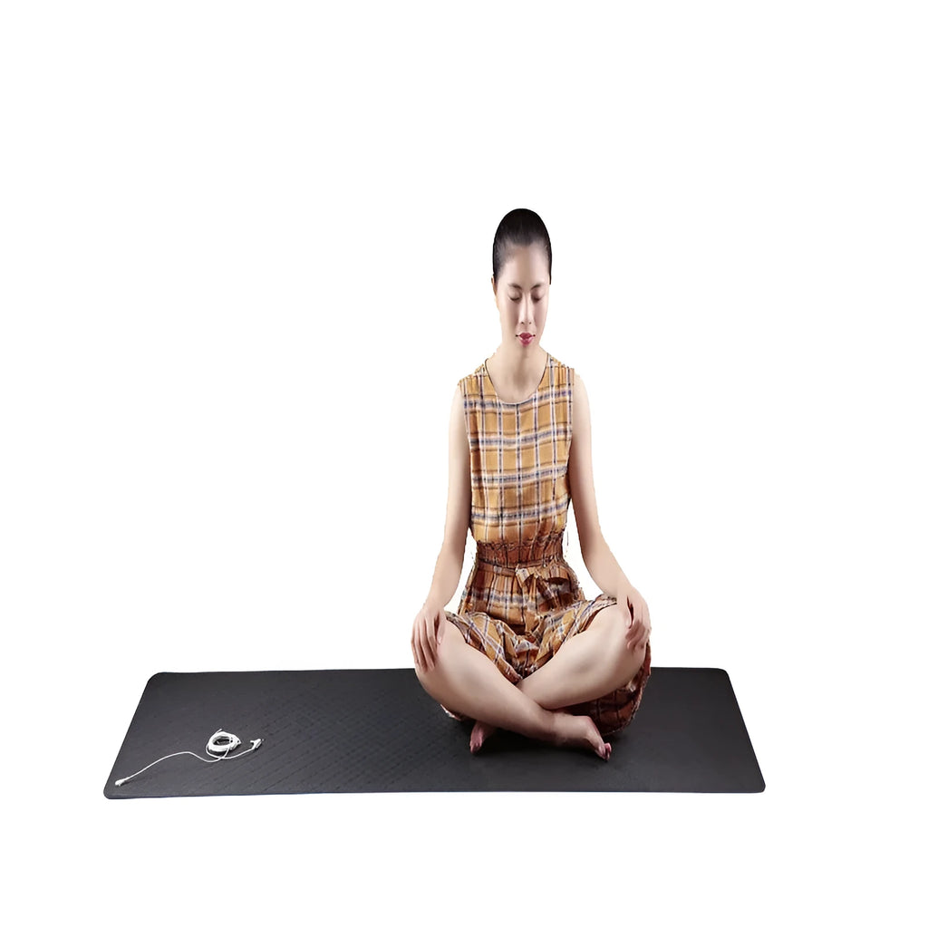 Blue conductive yoga mat with plants pattern, 182cm long, showing integrated grounding wire on non-slip PU surface.