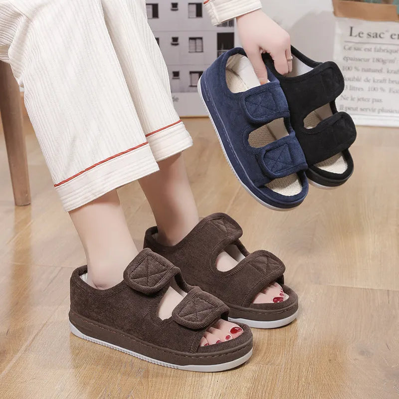 Breathable cloth sandals for elderly with open toe, rubber sole, available in large sizes and solid colours