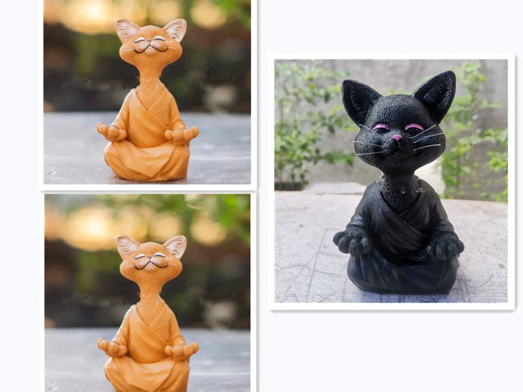 Charming ceramic Buddha cat figurine in black, grey, and orange colors for meditation, yoga, and home decor