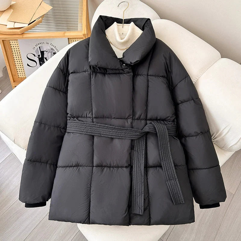 Winter plaid sewing lapel coat with lace-up design for women in black, white, and coffee