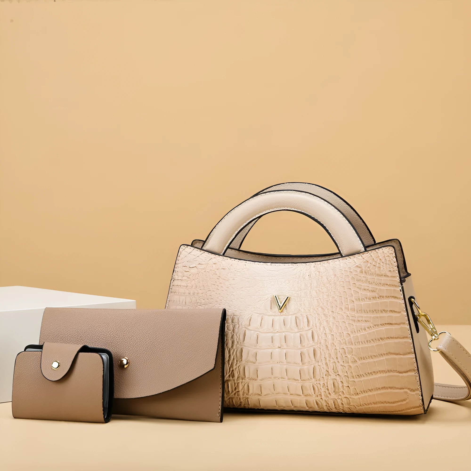Women's crossbody handbag in crocodile pattern PU leather showing internal organisation compartments