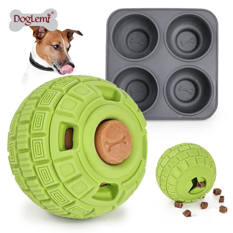 Natural rubber dog dropping ball toy in green or orange, 14cm long