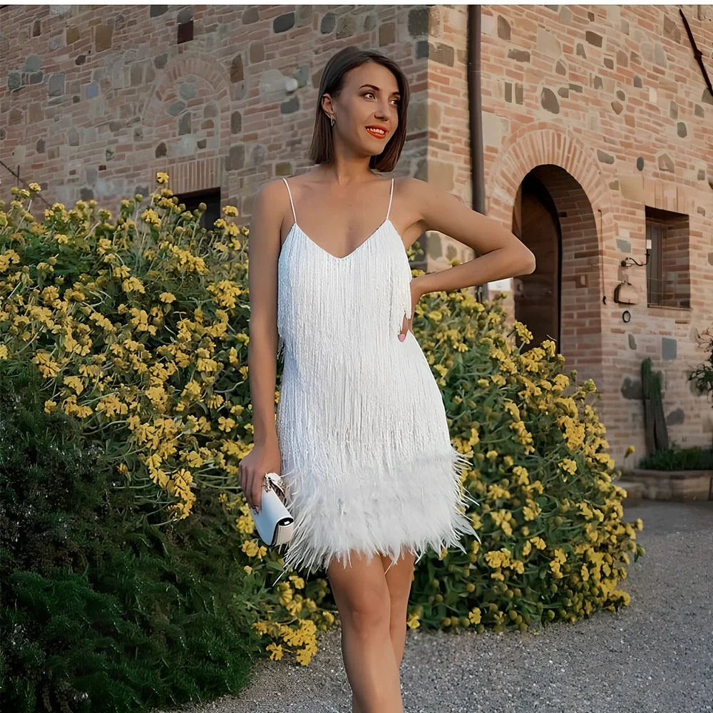 Women's beige tassel sequins feather mini dress, V-neck A-line in lace, 85cm length for summer evenings