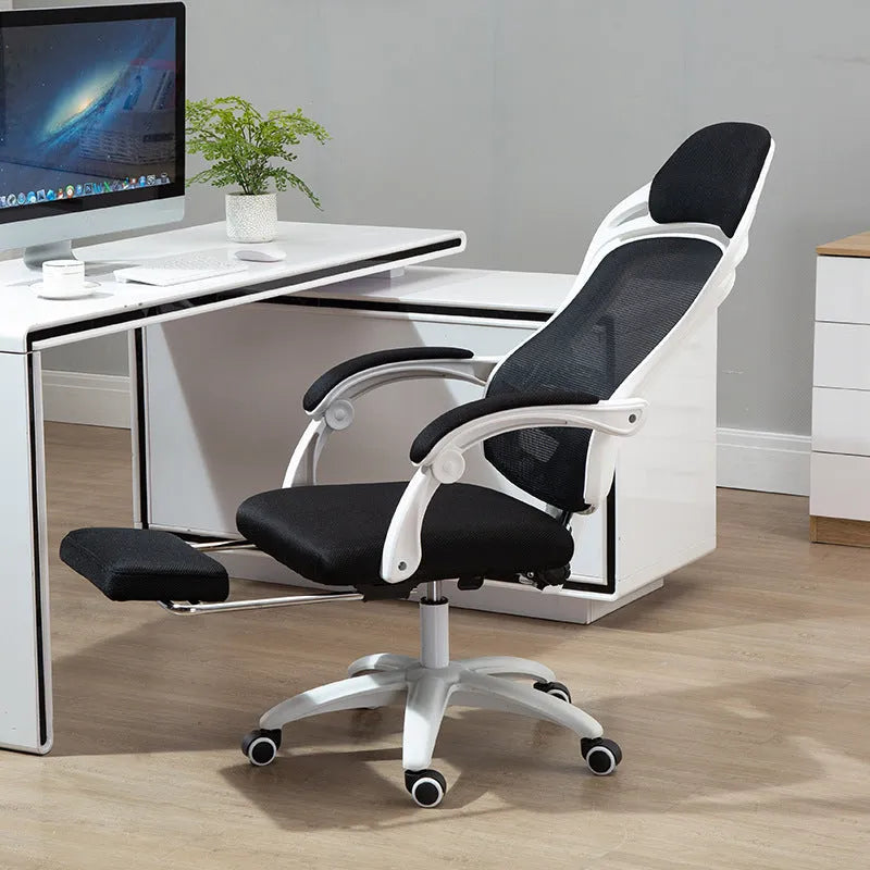 Black rotating computer gaming chair with linkage armrests and nylon wheels
