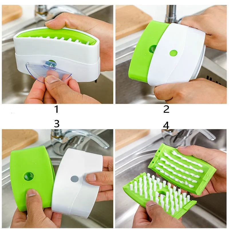 Blue kitchen cleaning brush with suction cup base for washing fruit, vegetables and cutlery.