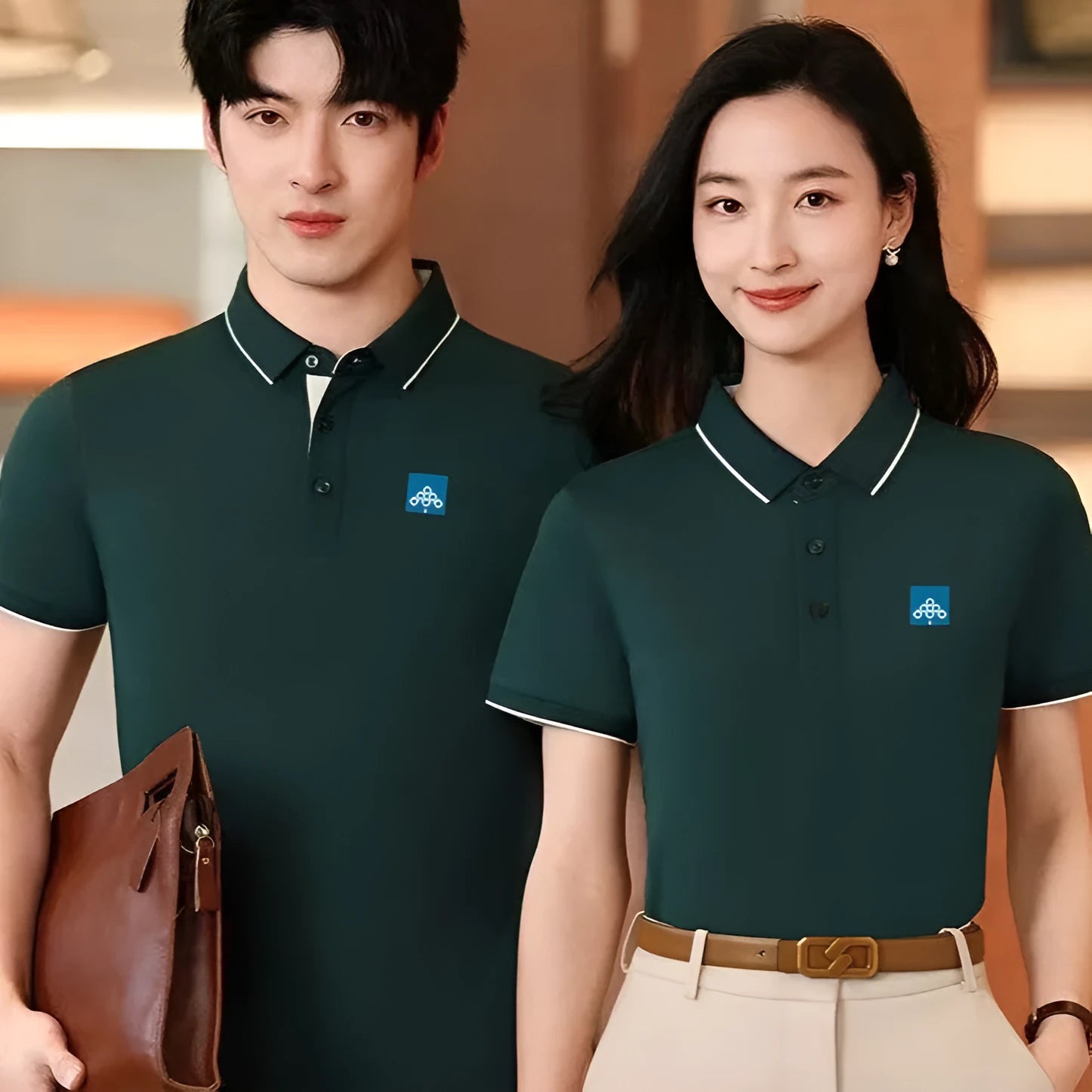 Men's light blue asymmetric ice silk polo shirt on a hanger, showing its unique collar and placket design.