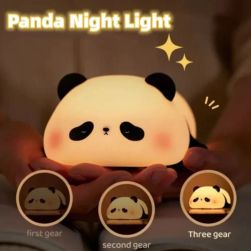 Adorable panda-shaped night light with adjustable warm white LED lighting and silicone construction