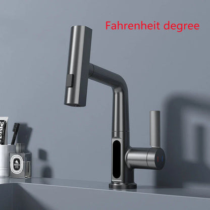 Sleek digital faucet with 360-degree swivel spout and LED temperature display for modern kitchen or bathroom