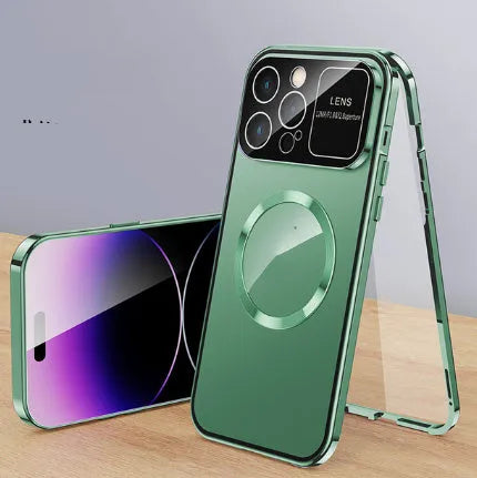 Metal peep-proof phone case with magnetic window for iPhone 16, black finish, all-inclusive design