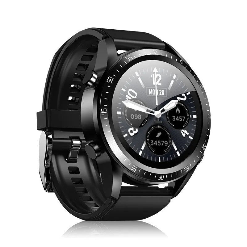 Black smartwatch with silicone strap showing blood pressure and SpO2 readings on its screen.