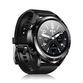 Black smartwatch with silicone strap showing blood pressure and SpO2 readings on its screen.