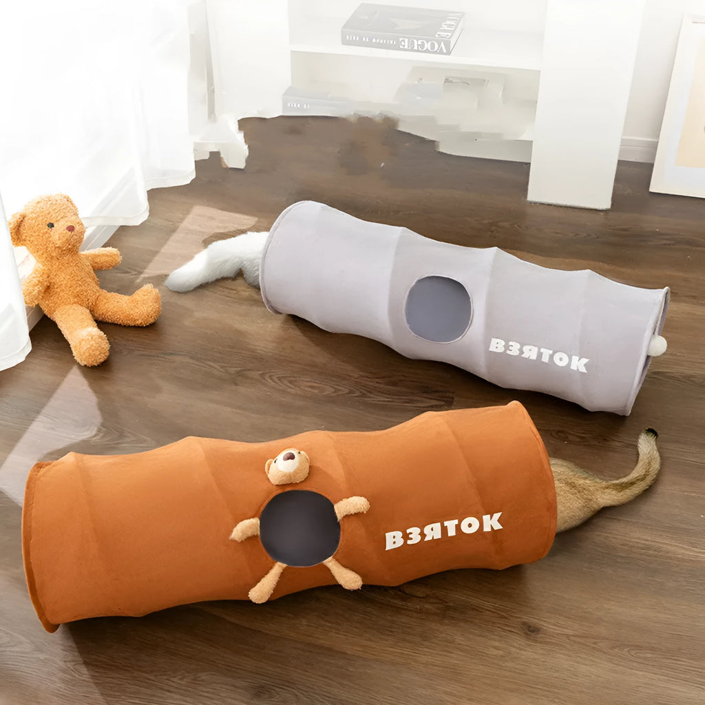 Brown bear small 0.8 m straight foldable polyester taffeta cat tunnel on a light wood floor