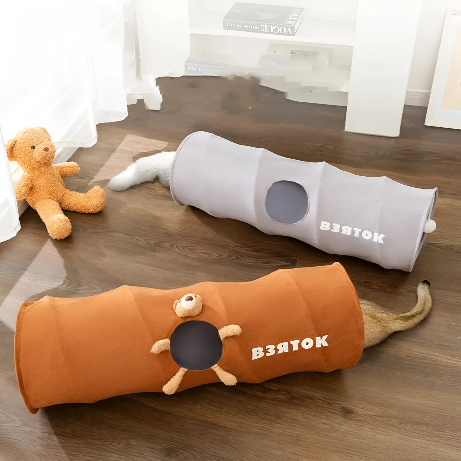 Brown bear small 0.8 m straight foldable polyester taffeta cat tunnel on a light wood floor