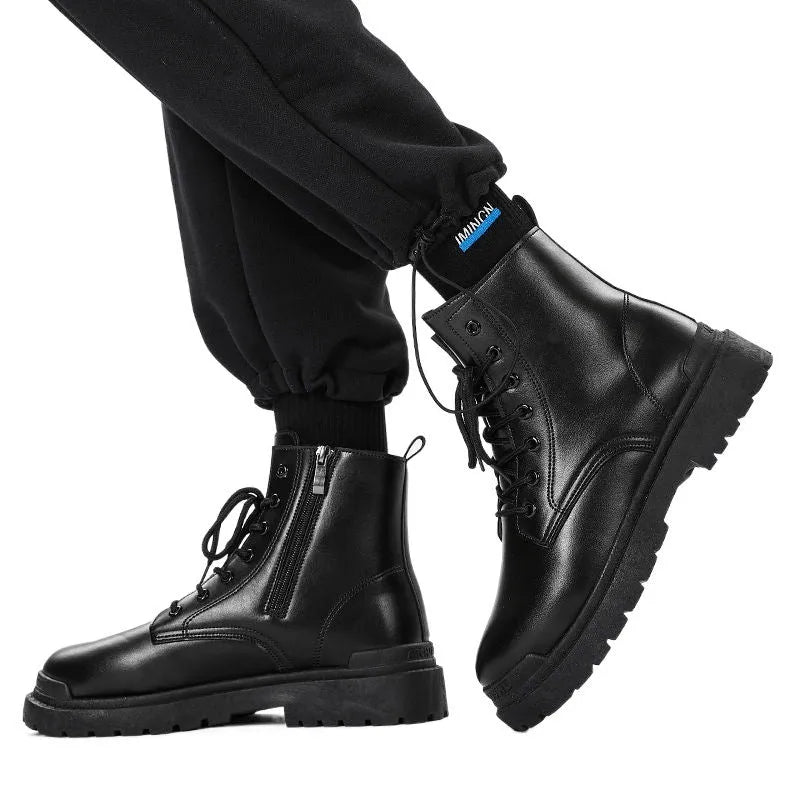 Men's black mid-top Martin boots with a flat rubber sole and leather-style upper