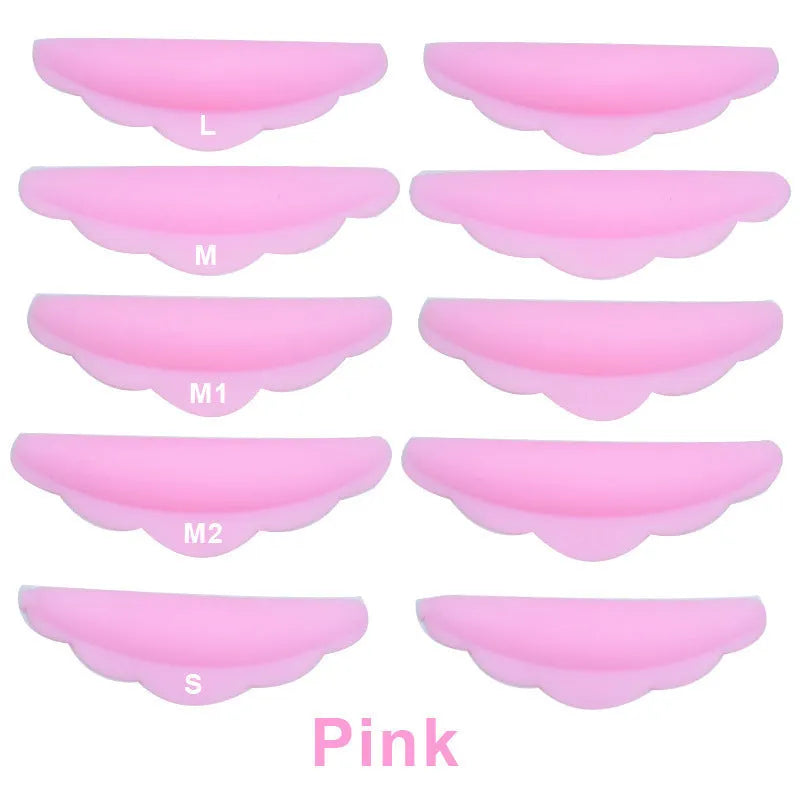 Five pairs of silicone gaskets for eyelash planting in blue, green, pink, rose red, and transparent