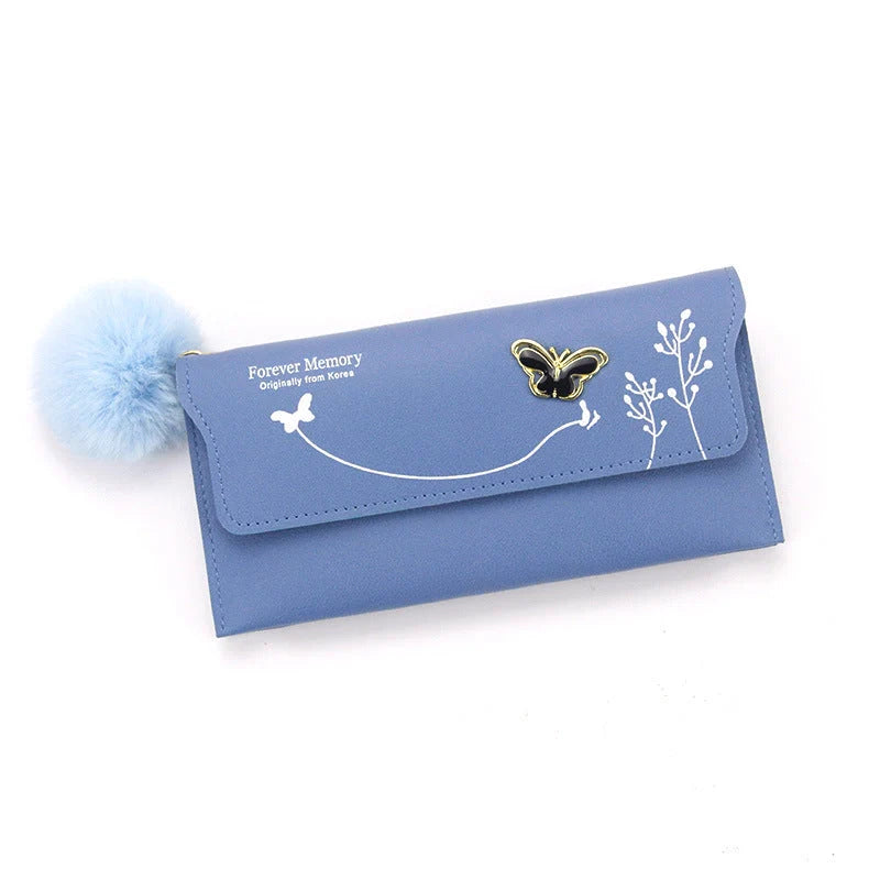 Ladies PU leather long hair ball bow purse with magnetic buckle in various colours