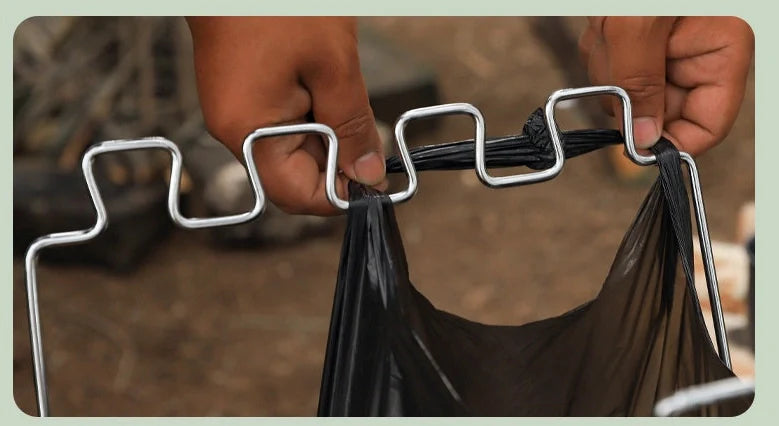 Silver stainless steel folding garbage bag bracket with Korean-style design for outdoor use