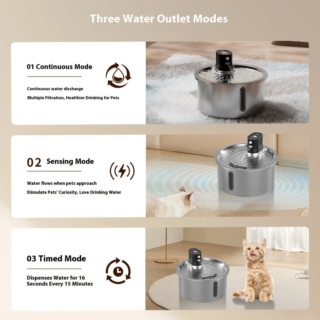 Stainless steel heated pet water fountain on a white base with a charging cable.