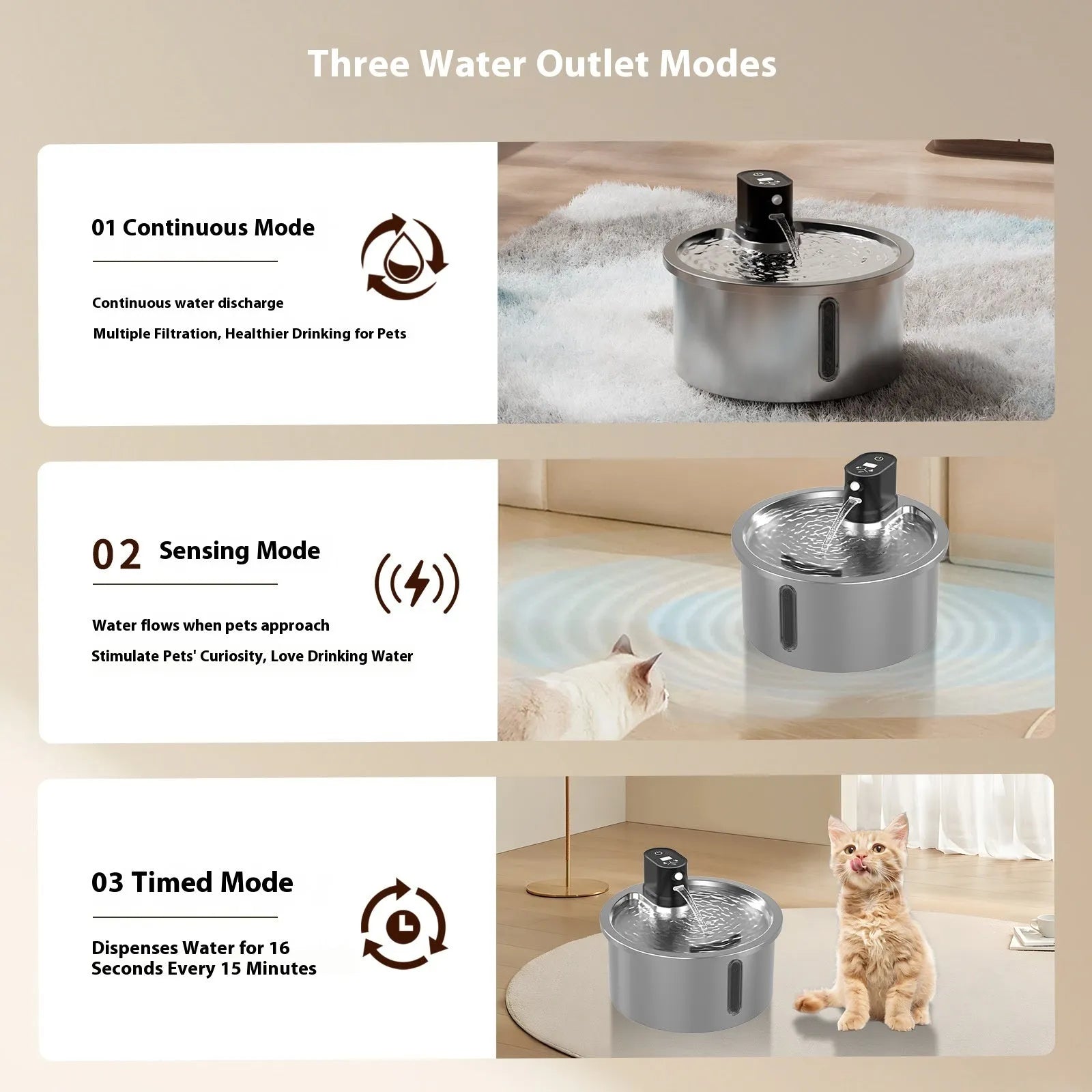 Stainless steel heated pet water fountain on a white base with a charging cable.