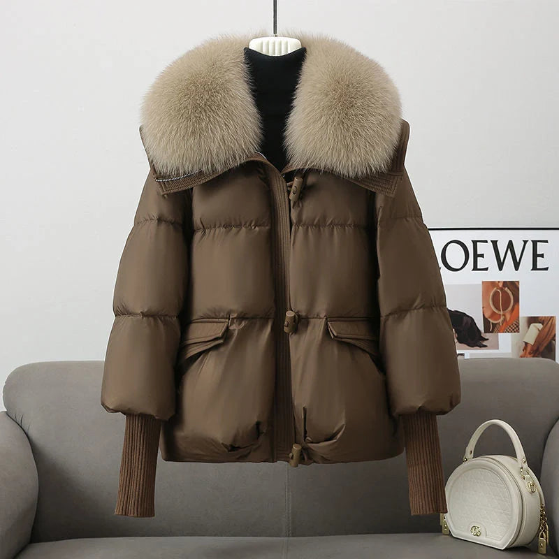 Women's winter down jacket with elegant fur collar available in brown, black, and white.