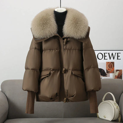 Women's winter down jacket with elegant fur collar available in brown, black, and white.