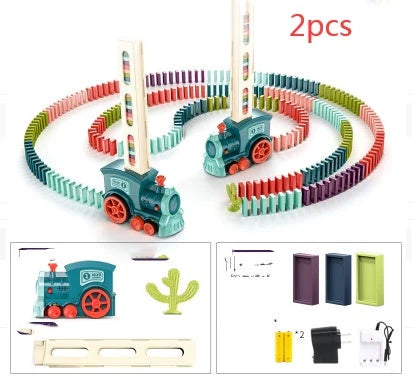 Automatic domino licensing electric train set for infants with wooden dominoes