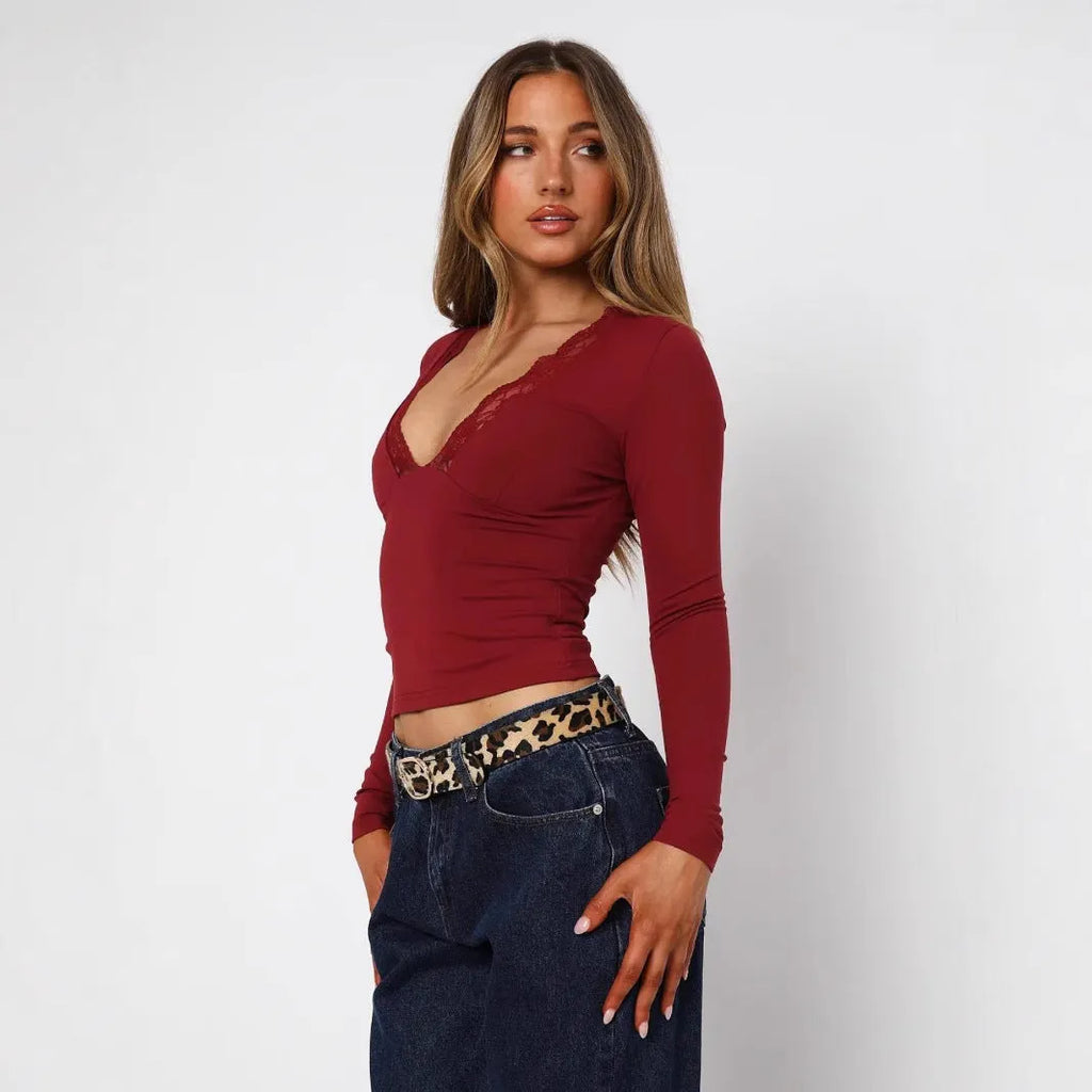 Women's slim fit long sleeve lace flower top in black and wine red colours