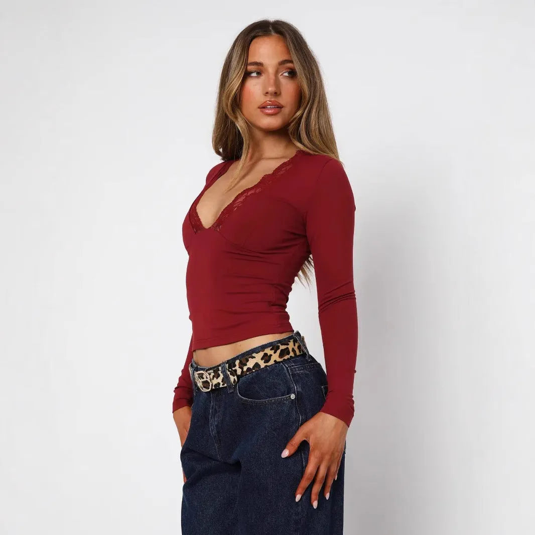 Women's slim fit long sleeve lace flower top in black and wine red colours