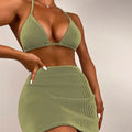 Three-piece ribbed fabric bikini swimsuit set on a hanger