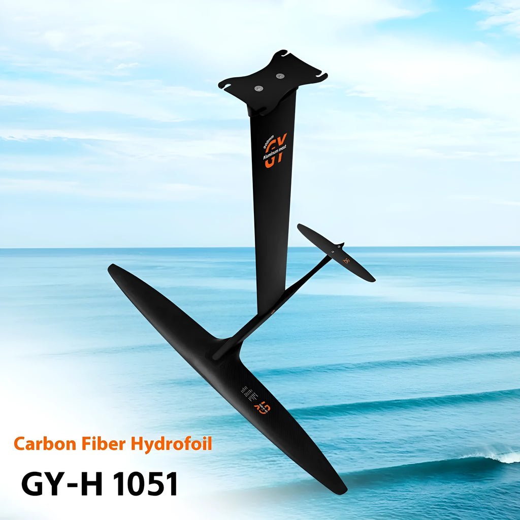 Black carbon fibre hydrofoil surfboard with aluminium racing wing