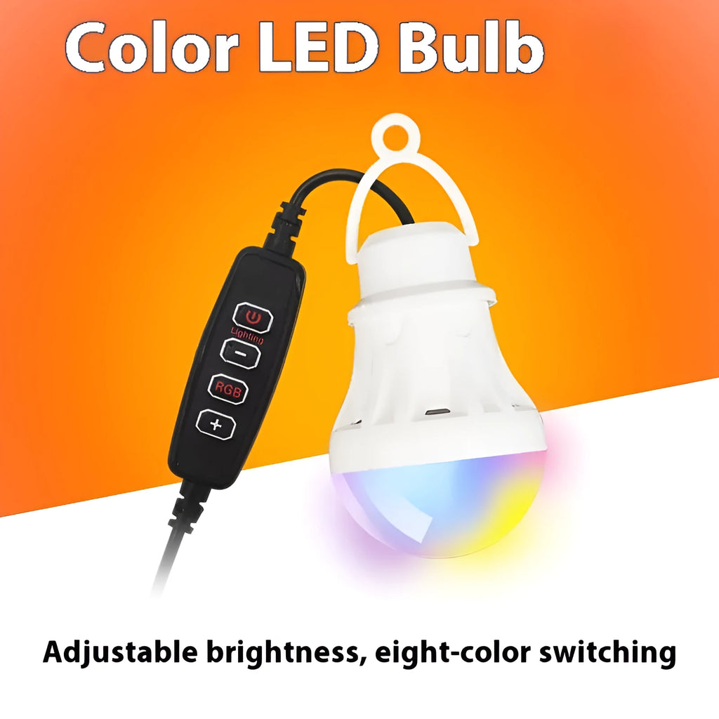 USB-powered RGB magic colour LED light bulb with a long white remote control wire.