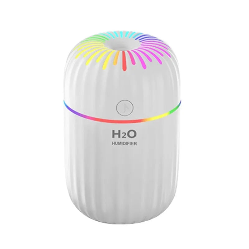 Compact white USB humidifier with 300ml tank beside laptop showing dimensions