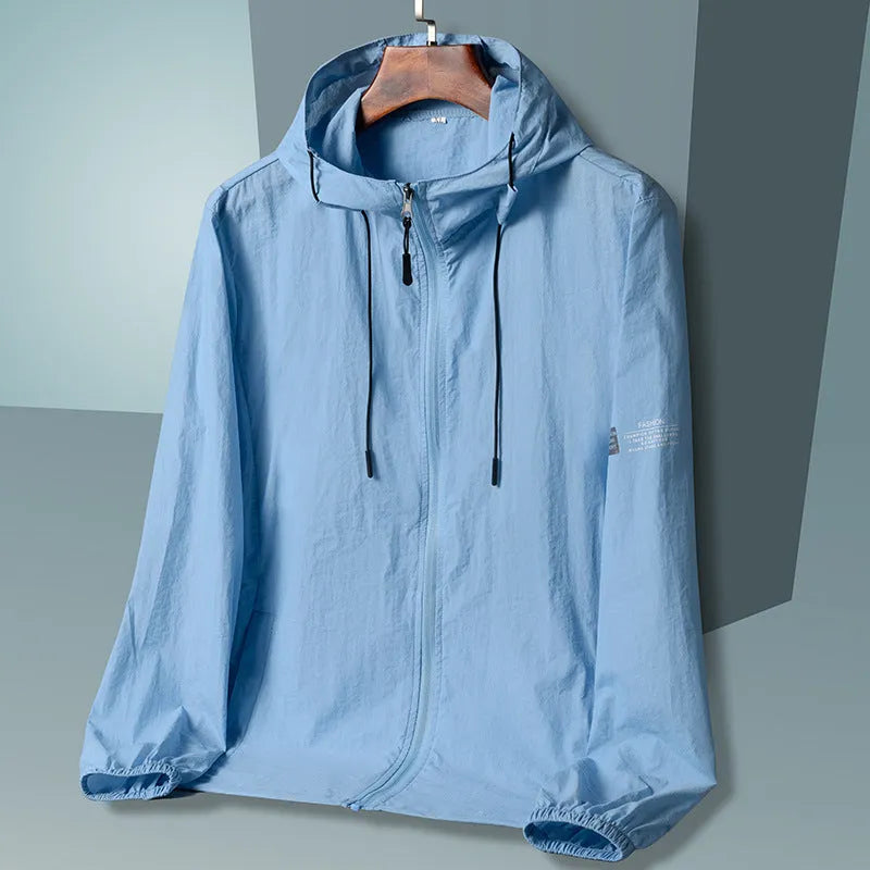 Men's loose fit ice silk sun protection jacket in Bud White with long sleeves and front zip closure