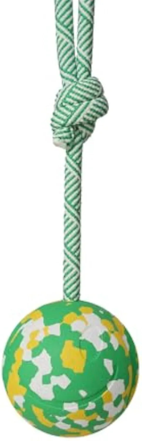 Natural rubber dog ball toy with a blue nylon rope attached for fetch and tug games.