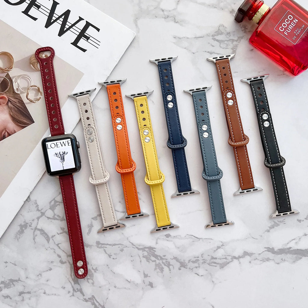 Leather watch strap for Apple Watch 38mm to 45mm double nail thin model in black on white background