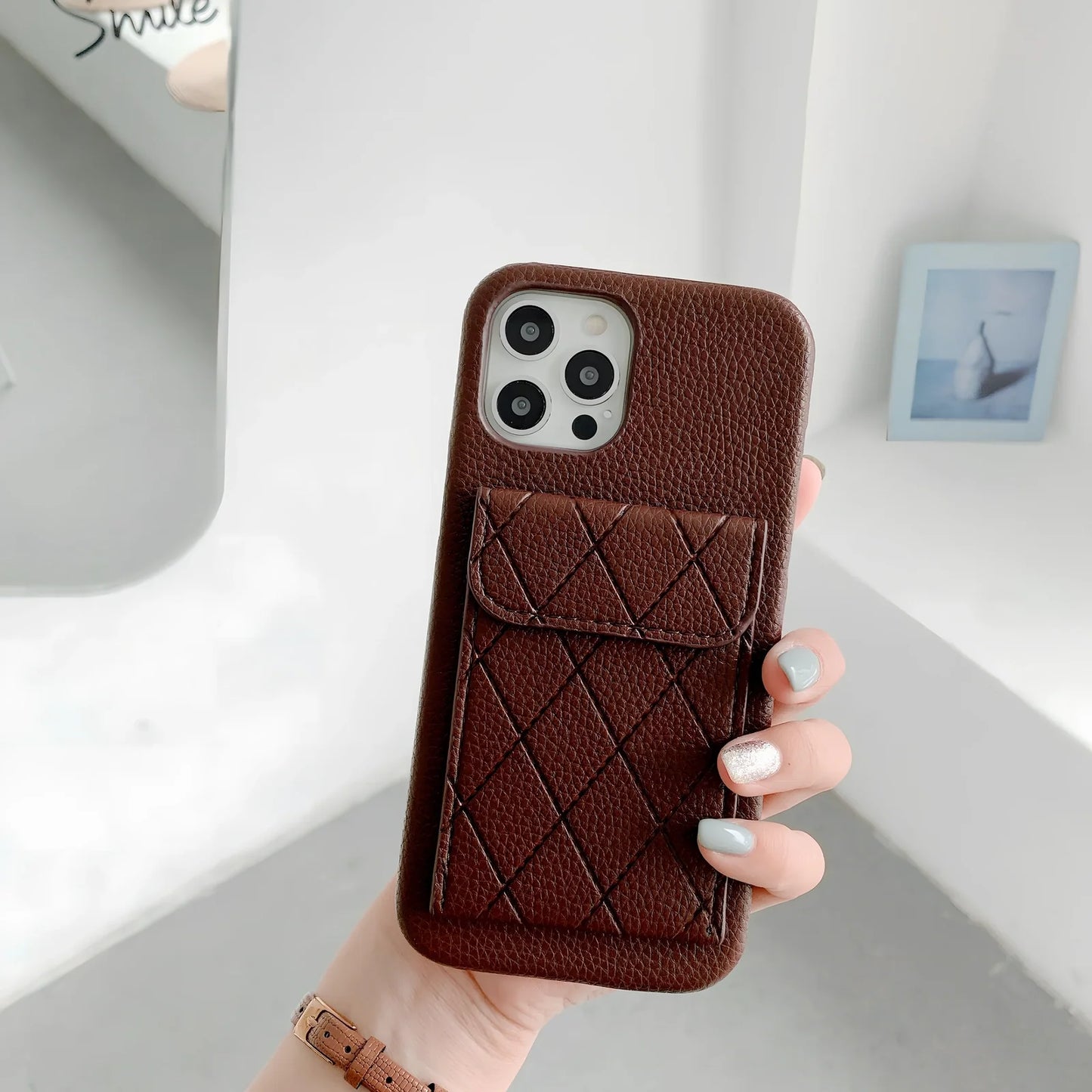 Tide brand black imitation leather iPhone case with card holder slot, fits models 7 to 12 Pro Max, slim back cover design