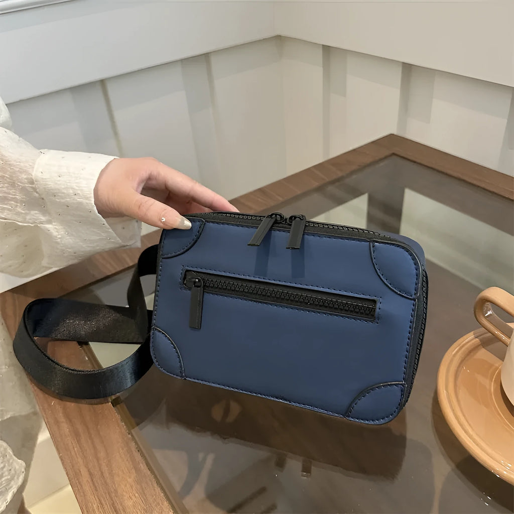 Square PU leather women's crossbody bag with single strap and sewing line details