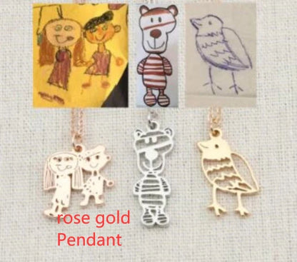 Custom stainless steel children's artwork necklace with gold, silver, and rose gold options