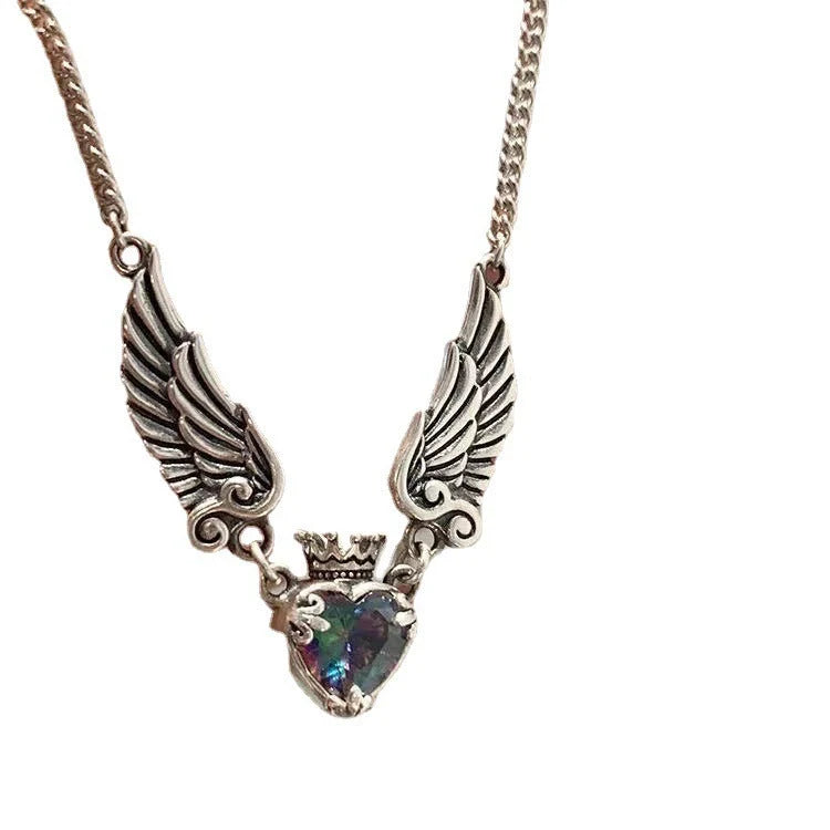 Vintage Gothic Heart Crown Angel Wings Pendant Necklace for women