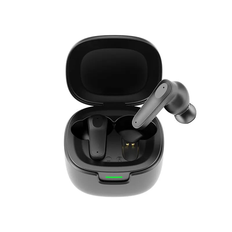 AI multi-language wireless in-ear translation earbuds in black, grey, and blue with charging cable