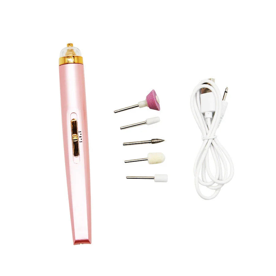 Cordless electric nail polisher set with USB charging, LED light, and multiple grinding heads for manicure and pedicure