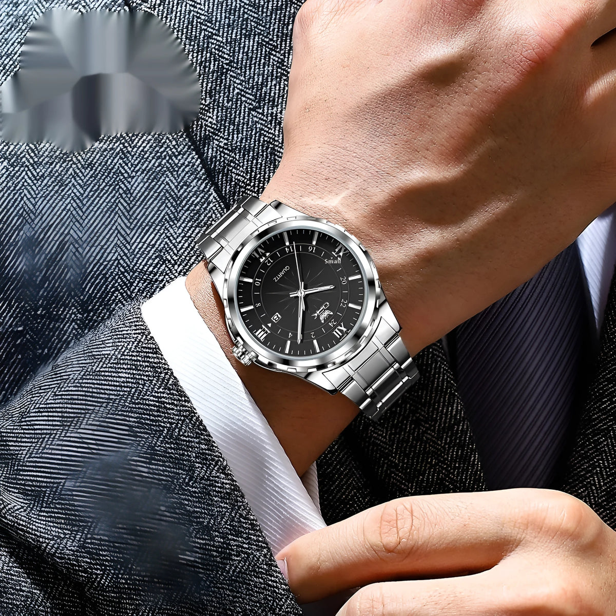 Waterproof luminous men's quartz watch with steel band, white dial, and blue markers