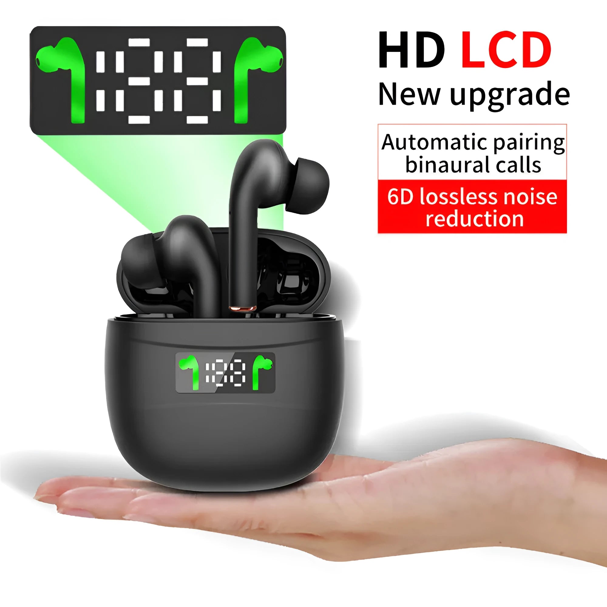 Bluetooth headset sports headset earplug style with power display in White and Black on white background