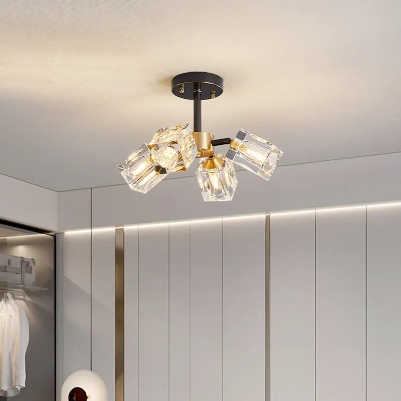 Copper crystal ceiling lamp 6 head with black gold wipe finish and three colour variable light for home