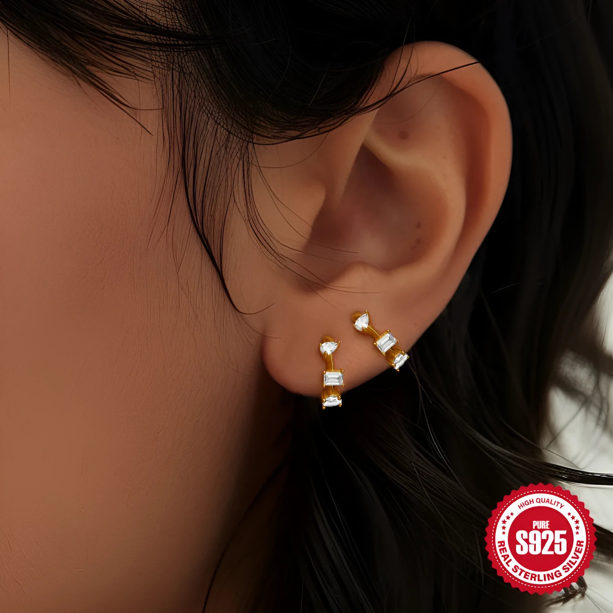 Sterling silver geometric diamond stud earrings with circular design in gold or silver electroplated finish